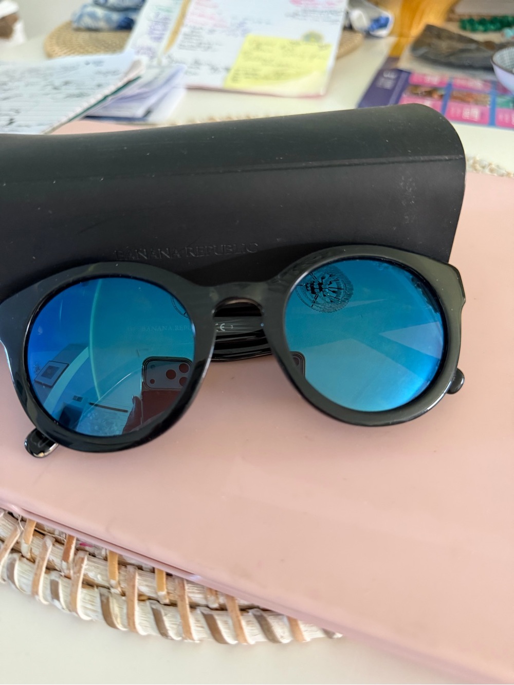 Ladies Round Blue mirrored, Lt black lens Sunglasses- Black Frame